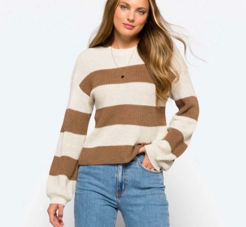Steve Madden Brown and Ivory Striped Crewneck Knit Sweater